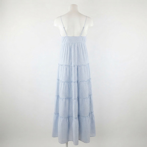 Robe longue décontractée en coton tricoté bleu clair à rayures, bretelles spaghetti, taille élastique, style bohème, respirante pour l'été - Product Image 3