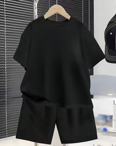 Pink O-Neck Short Sleeve T-Shirt Black Shorts 2pcs Casual Summer Set Unisex Breathable Quick Dry Polyester/Cotton Solid Clothing - Product Image 6
