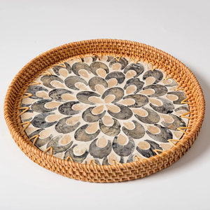 Rattan Mother of Pearl Classic Round <b>Storage</b> Tray <b>Stackable</b> Dishwasher Safe & Sustainable for Multi-Room Use - Product Image 3