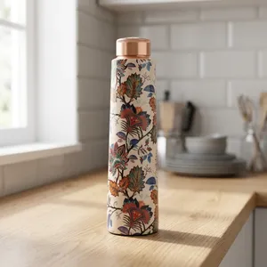 Bouteille d'eau en cuivre pur avec impression Mandala 1L, anti-fuite, sans danger pour les aliments, grande capacité, cadeau de bureau, œuvre d'art de Meena, ayurvédique - Product Image 1