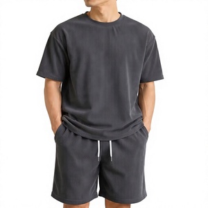 Men Solid Summer Breathable Waffle T-Shirt Set Ribbed Short Sleeve Crew Neck Casual Knit Tee and Shorts Front Logo Lounge Outfit - Product Image 3
