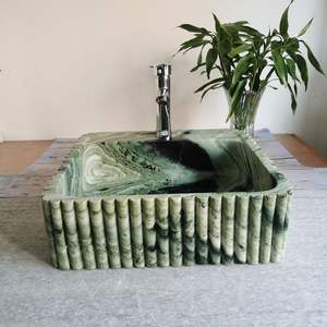 Vasque de salle de bain moderne en marbre à poser sur comptoir avec cadre en laiton, pour hôtels et entrepôts, avec drain inclus - Product Image 1