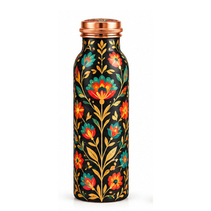 Ensemble de thermos en métal à motif floral jaune avec couvercles en cuivre, vaisselle portable pour les voyages - Product Image 6
