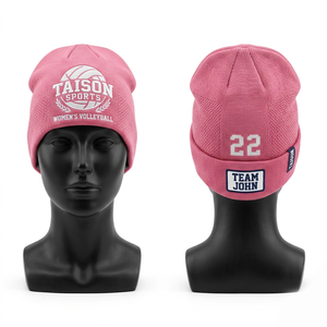 Gorro de voleibol de punto acrílico premium, suave y elástico, color rosa, con logotipo bordado personalizado, parche tejido y diseño de número en jacquard. - Product Image 6