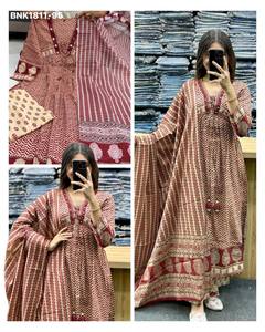 Best Fabric Pure Cotton with Ajrakh Print & Handwork Neck Anarkali <b>Kurti</b>-Pant-Dupatta Set At Wholesale Rate Indian Supplier - Product Image 2