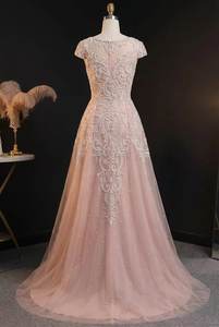 Vestido de Noche Rosa de Lujo con Cuentas, Manga Corta, Bordado de Perlas, Tul, Corte en A, Vestido de Fiesta para Mujer, Elegante Vestido para Invitadas de Boda - Product Image 4