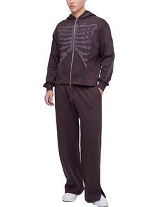 Men's Zip Up Hoodie And Sweatpants Set Streetwear Puff Printing Acid Wash Flared Tracksuit - Product Image 4