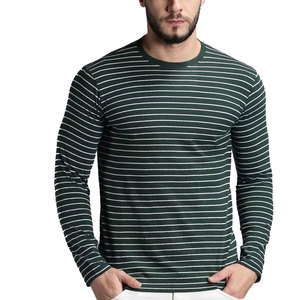 Camiseta de Punto a Rayas de Manga Larga para Hombre, Cuello Redondo, Corte Regular Informal, Patrón Verde y Blanco - Product Image 1