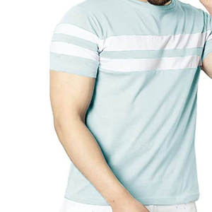 T-shirt rayé à manches courtes pour homme, col rond, coupe classique, décontracté, en coton tricoté respirant, motif bleu clair et blanc - Product Image 3