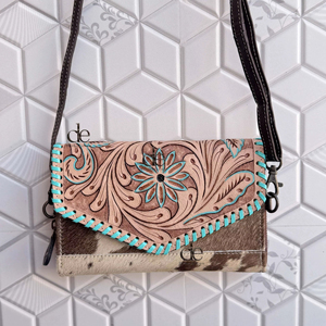 Hand Tooled Carving Leather Clutch Phone Case Stylish Cowhide <b>Fur</b> Unique Design Leather Turquoise Color Wallets for Women - Product Image 1