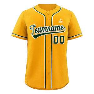 Camiseta de Béisbol Verde Bosque Personalizada 2025 con Ribete Amarillo Corto, Uniforme de Equipo con Botones, Nombre y Número Personalizados, Estilo Profesional - Product Image 4