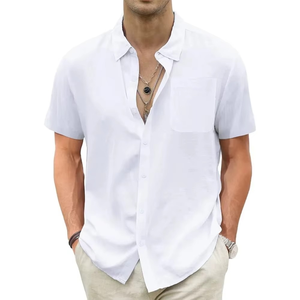 Men's Lightweight Cotton Linen <b>Hawaiian</b> Shirts Breathable Short Sleeve Casual Summer <b>Tops</b> for Beach Vacation Solid Pattern - Product Image 1