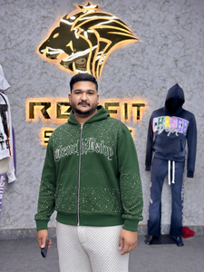 Sudadera con capucha extragrande verde estilo francés para hombre, con cremallera, estampado de diamantes de imitación, mezcla de algodón, estilo urbano, estilo otoñal - Product Image 1