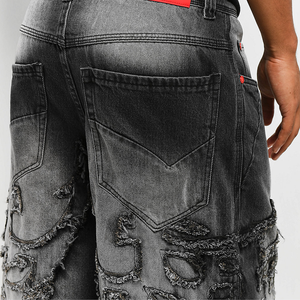 Shorts en jean streetwear déchirés et délavés, coupe ample asymétrique, patchwork personnalisé, broderies, jorts en denim pour hommes - Product Image 3