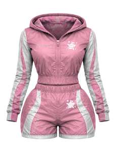 Ensemble de survêtement coupe-vent en nylon surdimensionné personnalisé de haute qualité, 2 pièces, décontracté et ample pour femmes - pour les sports d'automne - Product Image 1