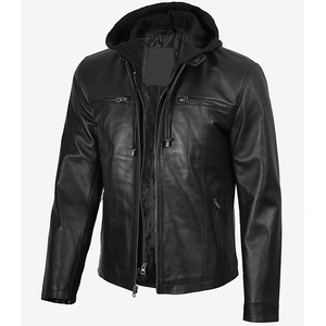 แจ็คเก็ตหนังวัวสีดำสุดฮิตปี 2026 สำหรับผู้ชาย มีฮู้ด คอปก กระเป๋าซิป คุณภาพสูง MOQ ต่ำ แฟชั่นฤดูหนาว - Product Image 5