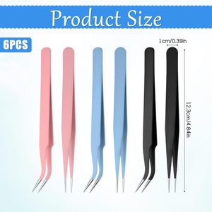 Juego de 6 Pinzas de Acero Inoxidable, Rectas y Curvas, 3 Colores, Pinzas de Precisión para Extensiones de Pestañas, Arte de Uñas y Manualidades - Product Image 4