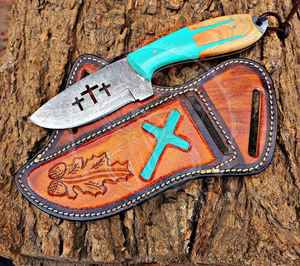 มีดคัตเตอร์เหล็กดามัสกัสทำมือสั่งทำพิเศษ ขายดี พร้อมปลอกหนัง มีดคาวบอยแบบฟูลแทง - Product Image 3