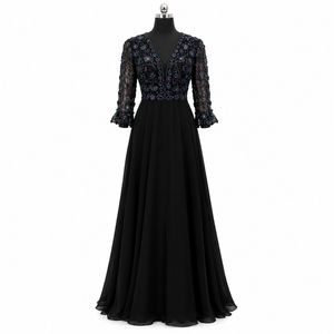 <b>Black</b> Floral Embroidered <b>Evening</b> <b>Dress</b> | V-Neck <b>Long</b> <b>Sleeve</b> Tiered A-Line Floor Length Gown with Sheer Bodice for Formal Events - Product Image 1