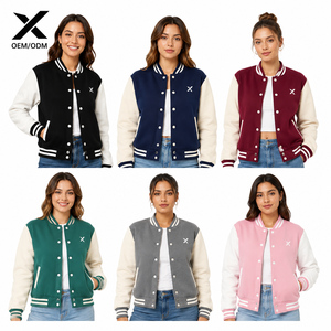 Veste universitaire pour femme X Sports City, manches en simili cuir, col rabattu, couleur unie, vêtement d'automne avec logo X sur les boutons avant - Product Image 1