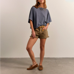 Women's Oversized Cold Shoulder T-Shirt Solid Color Crew Neck Ruched Detail 100% Cotton Summer <b>Batwing</b> Sleeve Plus Size <b>Top</b> - Product Image 3