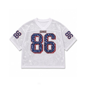 Camiseta de fútbol americano personalizada con logo de diamantes de imitación brillantes por toda la prenda, de malla oversize, superventas, con logo personalizado, estilo streetwear, OEM - Product Image 1