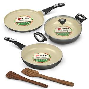 Juego de Utensilios de Cocina de Cerámica de 6 Piezas con Base de Inducción, Sartén Antiadherente con Tapa, Sartén para Freír, Sartén Tawa, 2 Espátulas, Libre de PTFE, PFOA y Metales Pesados - Product Image 1