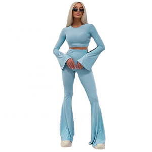 Women 2 Piece <b>Knitted</b> <b>Set</b> Long Sleeve Crop Top High Waist Flare Pants Solid Light Blue Casual Spring Summer Outfit - Product Image 1