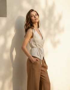Women Vintage Solid Simple ODM 100% <b>Linen</b> Wrap <b>Top</b> <b>Sleeveless</b> V-Neck Casual Summer Blouse Elegant Office Wear Eco-Friendly - Product Image 6