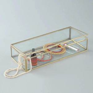 Vintage Clear <b>Glass</b> & Brass Jewelry Storage <b>Box</b> with Gray Velvet Organizer Customizable Color & Logo for Home & Hotel Use - Product Image 1