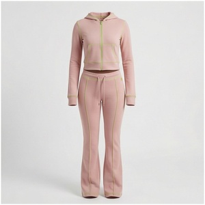 Women <b>Pink</b> Hooded Tracksuit Set Full Length Zipper <b>Sweatshirt</b> & Jogger Pants Solid Color Casual Loose Fit Spring Wear - Product Image 1