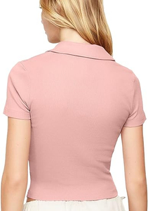 Camiseta Corta Rosa para Mujer, Manga Corta, Color Sólido, Tejida, Informal, para Primavera/Verano, Corte Holgado, Secado Rápido - Product Image 2