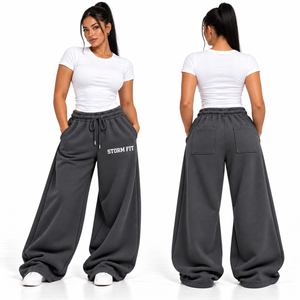 Women's Dark Purple Wide Leg Customized Fleece Pant Mid <b>Waist</b> <b>Elastic</b> Drawstring Regular Fit Full Length Streetwear <b>Trouser</b> - Product Image 5