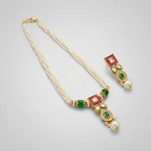 Conjunto de Collar y Aretes de Perlas de Imitación con Baño de Rodio, Estilo Clásico Indio para Novias, Joyería de Imitación para Bodas, Compromisos y Fiestas - Product Image 2