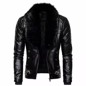 Veste en cuir décontractée pour homme, nouvelle collection automne-hiver, épaisse et chaude, avec col en fourrure amovible, écologique, imperméable, vente en gros - Product Image 1