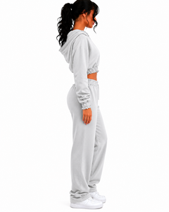 Ensemble sweat-shirt court à capuche gris zippé et pantalon long en molleton uni à manches longues pour femme grande taille, décontracté toutes saisons - Product Image 3
