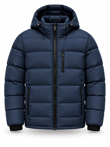 Men's Navy Hooded Puffer <b>Jacket</b> Winter Warm Windproof <b>Casual</b> Zipper Front Solid Color Polyester Wadding Thick Regular Fit - Product Image 1
