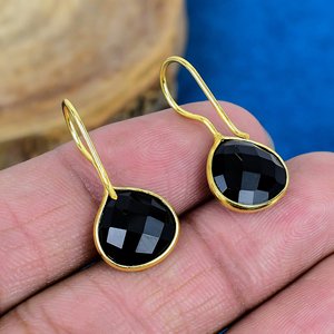 Natural Black Onyx Heart Shape Gemstone Dangle Hook Earring 18k Gold Micron Over 925 <b>Sterling</b> <b>Silver</b> - Product Image 4