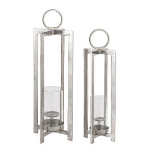 Luxury Textured Silver Metal <b>Candle</b> Holder Modern Abstract Glass <b>Hurricane</b> Lantern Hand-Cast Aluminum Pillar Stand for Entryway - Product Image 1