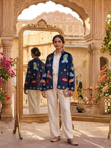 Giacca in velluto Suzani reversibile con ricami a mano per <span class=keywords><strong>donna</strong></span>, colletto alla coreana, maniche lunghe, motivo animale, cappotto autunno inverno - Product Image 3