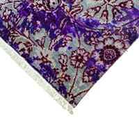 Tapis moderne vintage en laine noué à la main, motif floral vieilli, violet royal et turquoise ardoise brillant, à poils ras, avec franges, pour la maison