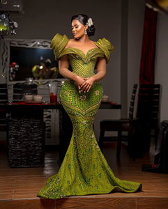 Robe de soirée de luxe pour femme, coupe sirène, longue, ornée de perles, broderie dorée, maille respirante, élégante - Product Image 3