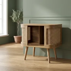 Table de chevet en bois massif et rotin tressé à la main, meuble de rangement compact pour salon et chambre à coucher - Product Image 6