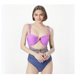 Traje de Baño de Dos Piezas para Mujer con Bloques de Color, Estilo Bandeau, Diseño Floral, Cintura Alta Elástica y Decoración de Perlas - Product Image 1