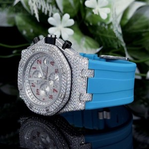 Iced Out Moissanite Quartz <b>Watch</b> Stainless Steel Chronograph Analog Dial Rubber Strap Diamond Look Business Party - Product Image 2