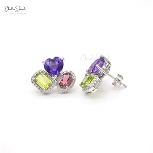 Luxury 4.41CTW Multi Gemstone Stud Push <b>Back</b> <b>Earrings</b> Crafted in 14K White Gold Diamond Halo Diamond <b>Earrings</b> at Wholesale Price - Product Image 4