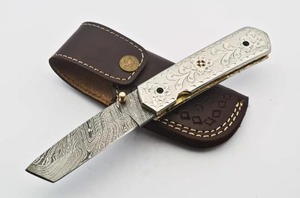 Couteau de poche artisanal en acier Damas de qualité industrielle, 8 pouces, pointe clip, lame droite, manche en acier inoxydable, bouton de pouce - Product Image 1