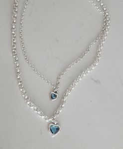 Collier pendentif cœur double couche en argent sterling 925 avec cristal bleu, chaîne Rolo tendance, bijoux pour femme, vente en gros - Product Image 5