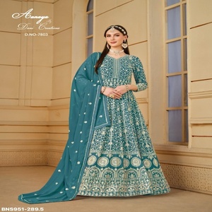 Vestido de gala semisellado de georgette sintético pesado con bordado integral de hilo blanco, largo hasta el suelo, con parte inferior y dupatta - Proveedor indio - Product Image 1