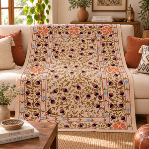 Drap de lit en coton Suzani fait main par un artisan, beige olive mocha, broderie florale, style ethnique indien bohème, couvre-lit pour la maison - Product Image 3